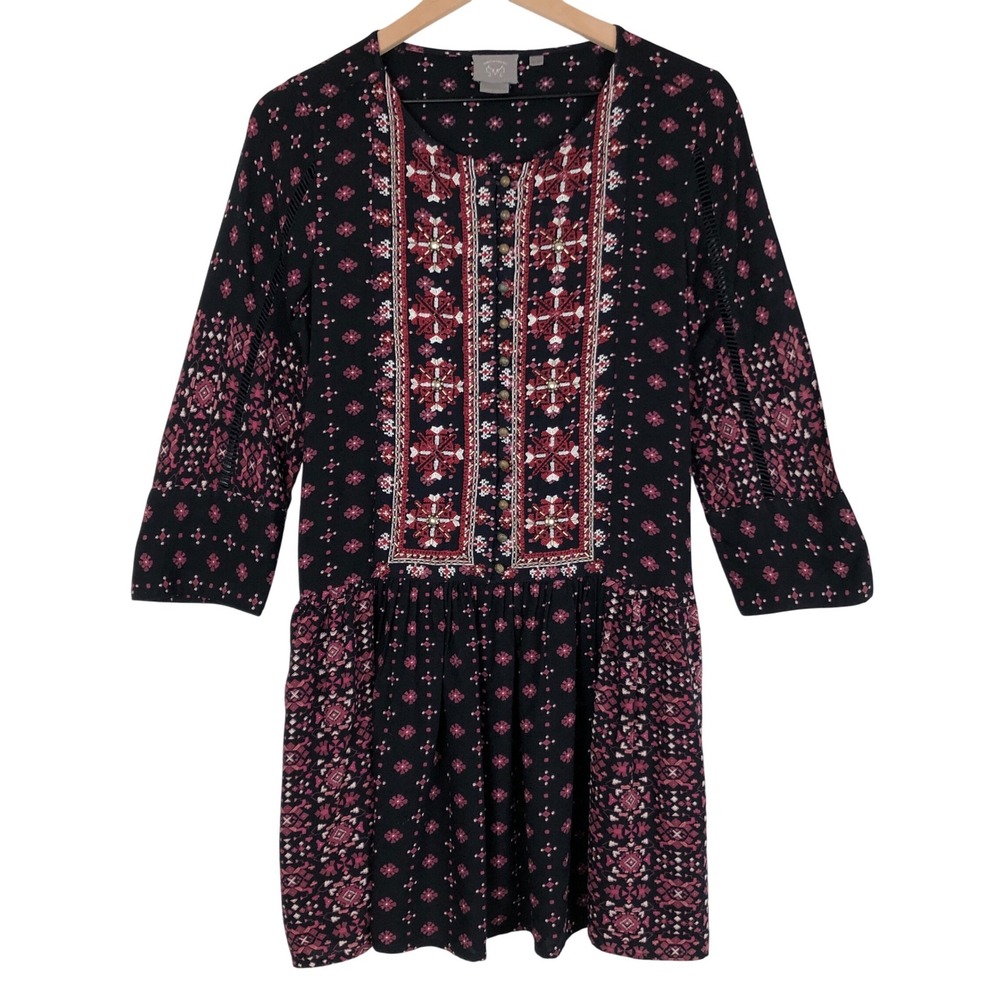 Vanessa Virginia Anthropologie Embroidered Beaded Boho Mini Dress Sz M Navy Pink